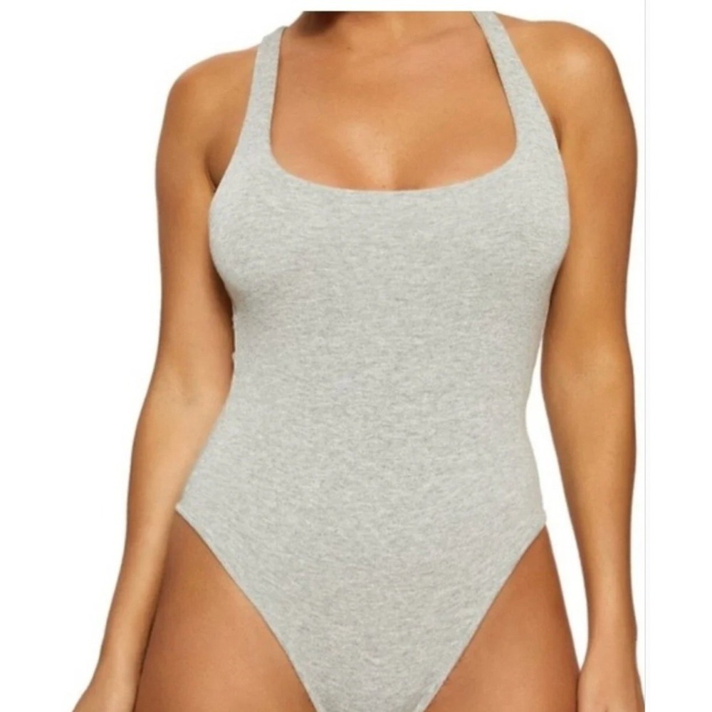 NEW Naked Wardrobe Womens Heather Gray Scoop‎ Neck Thong Bodysuit Size Large